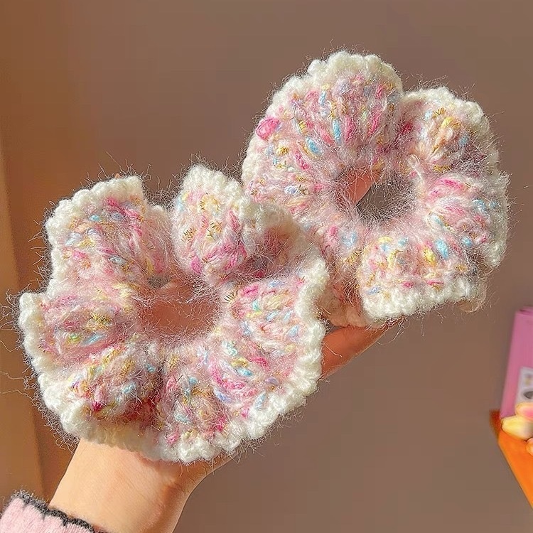 Women's Sweet Daily Handmade Large Bow Hair Tie Pink Knitted Yarn