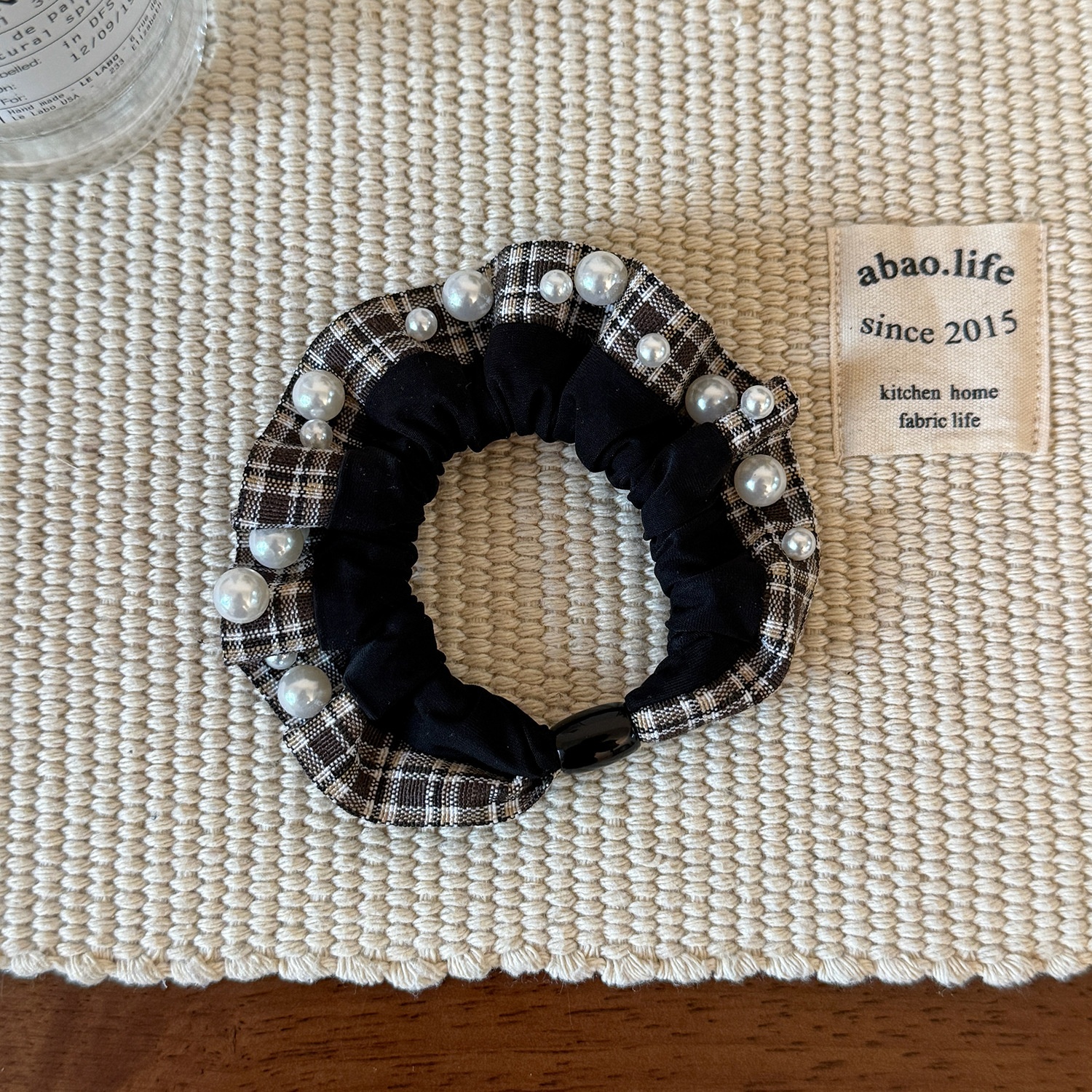 Women's Elegant Pearl Pleated Fabric Mini Hair Ties Checkered Pattern