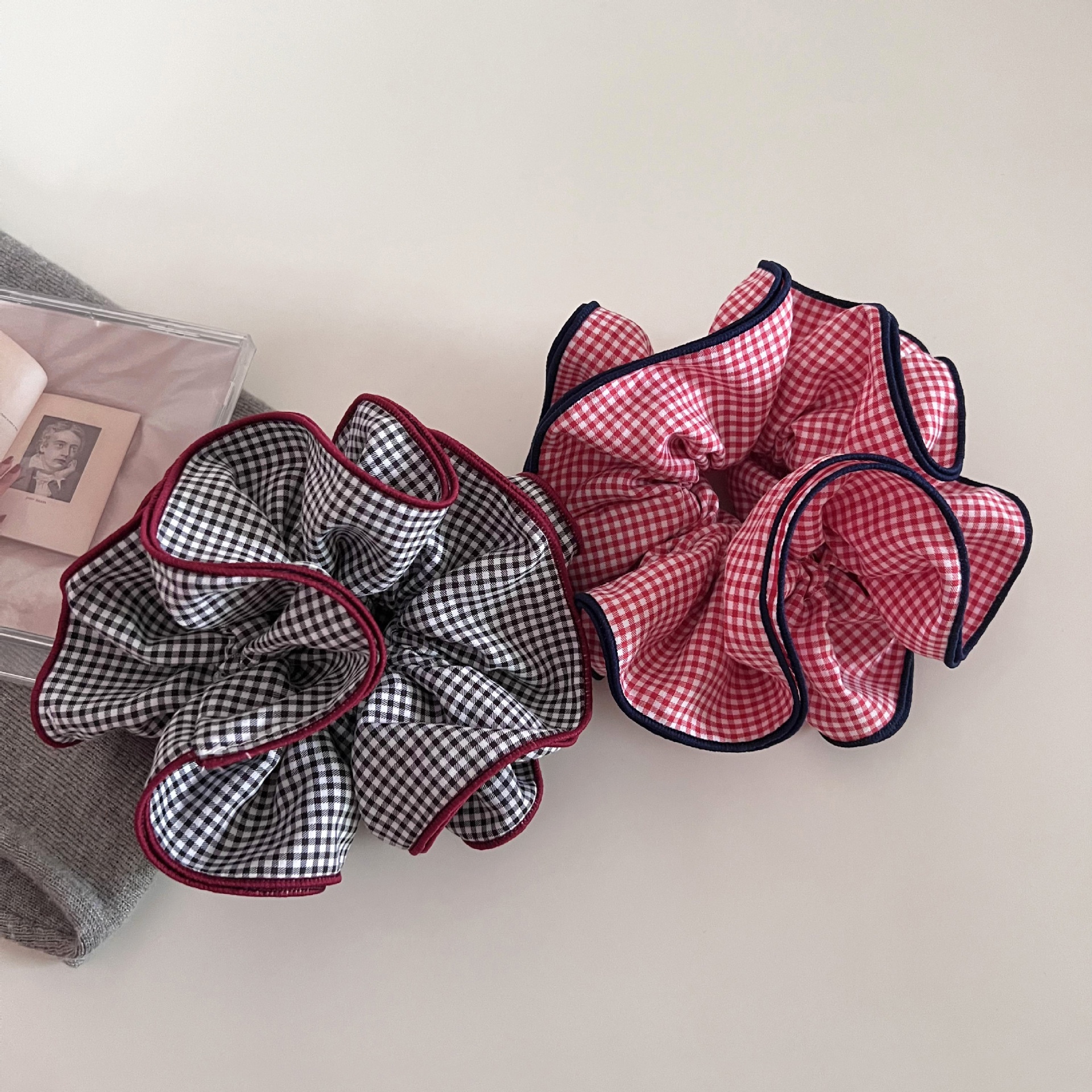 Women's Four-Layer Cloth Ball Hair Tie Hairband Color-Block Plaid