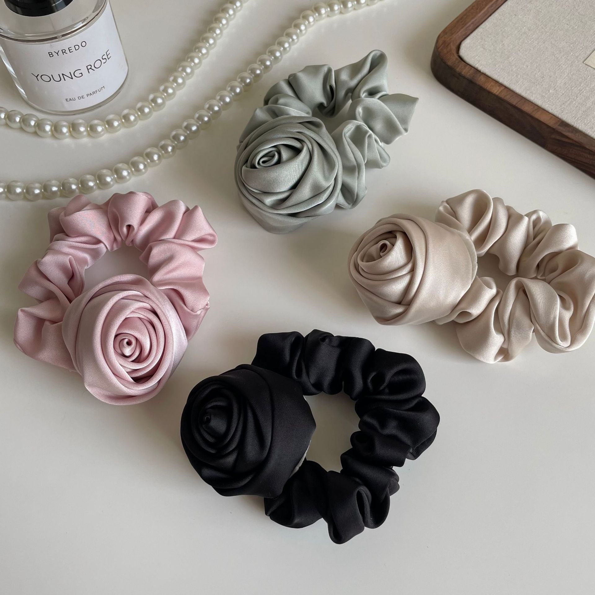 Women's Mint Series 3D Rose Satin Hair Ties High Elasticity Bun Accessories