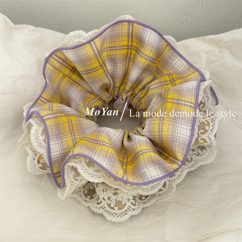 Women's Spring Cloth Hair Scrunchies Sweet Pink Checkered Plaid Lace