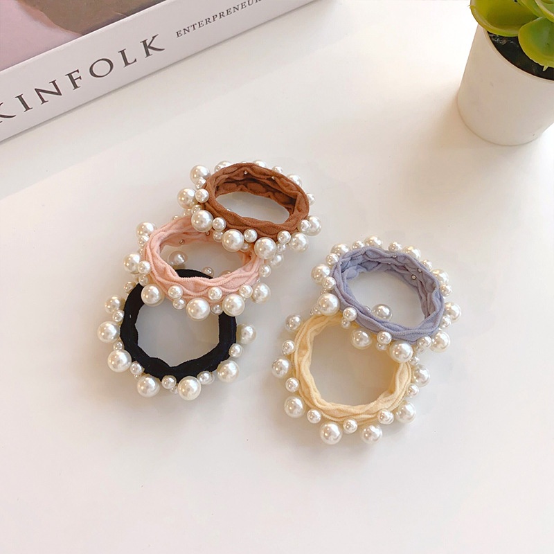 Women's Milk Tea Oval Pearl Hair Ties Seamless Elastic Handmade Towel Rings