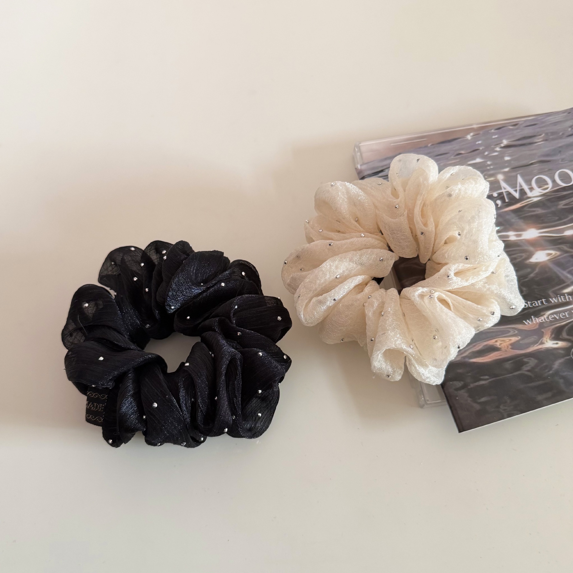 Women's Simple Rhinestone Gauze Hair Tie Sparkly Apricot