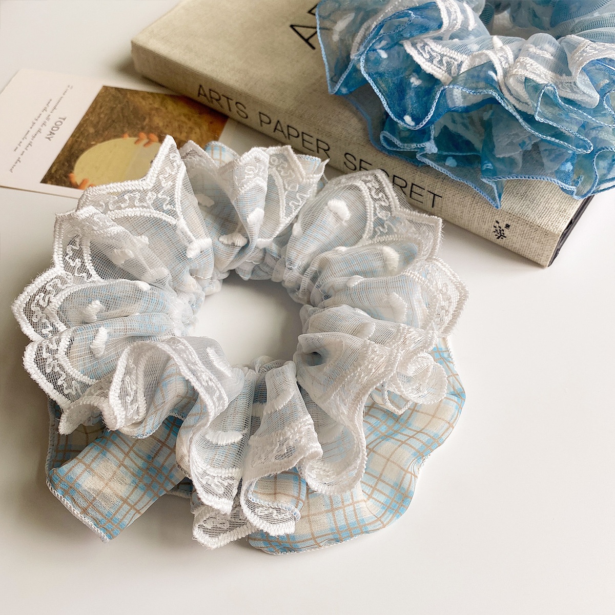 Women's Boho Summer Mesh Lace Bow Elastic Hair Tie Blue Heart Pattern