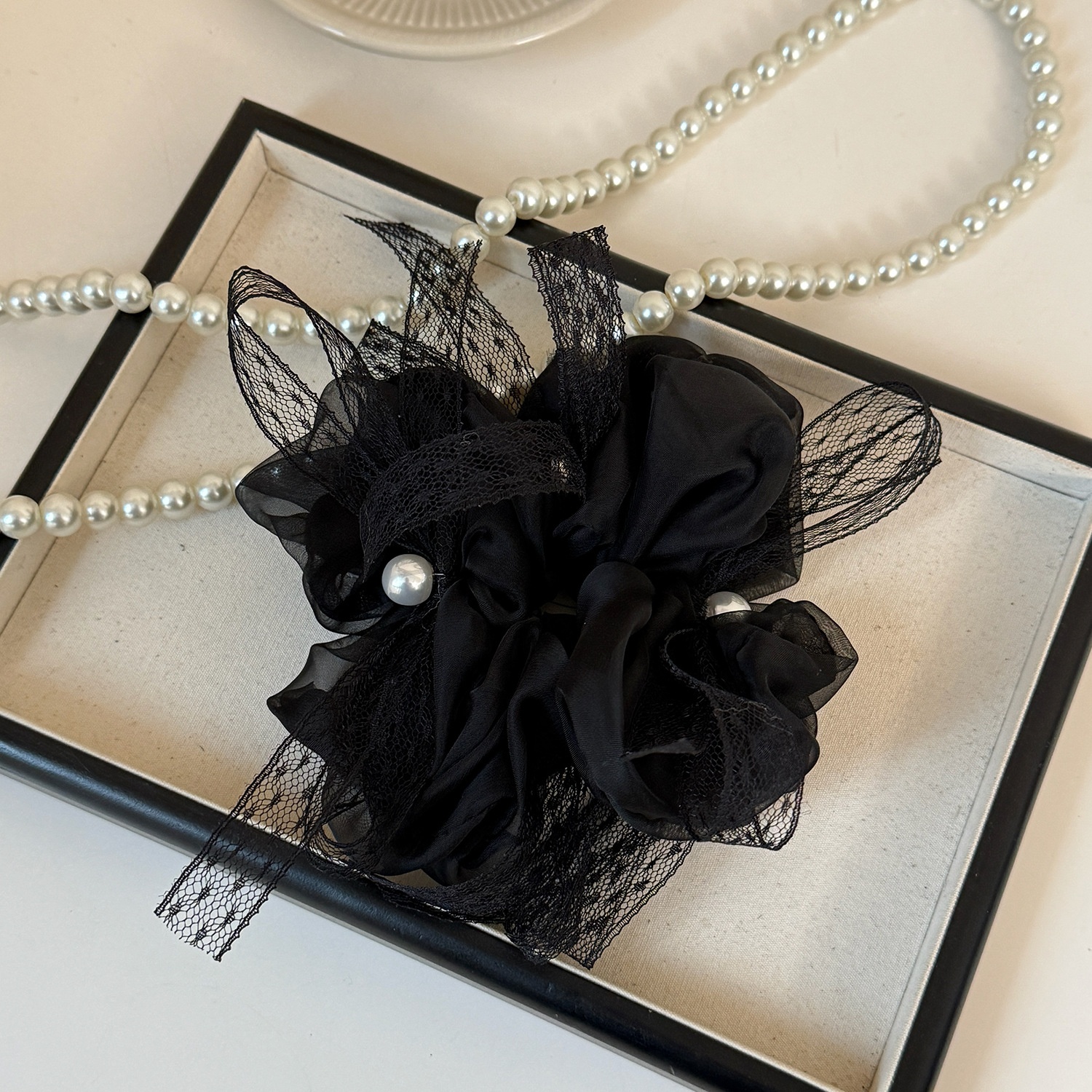 Women's French Style Summer Organza Hair Tie in Beige, Pink, Black