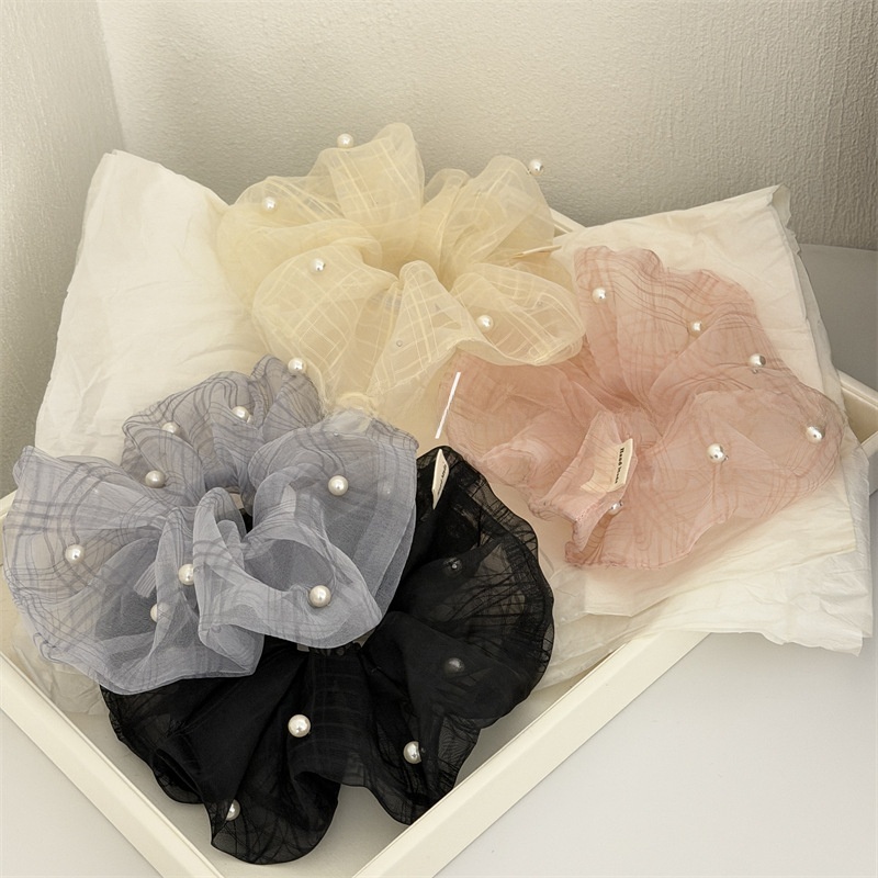 Women's Daily Pearl Gauze Scrunchies Pink Plaid Checkered Hair Tie