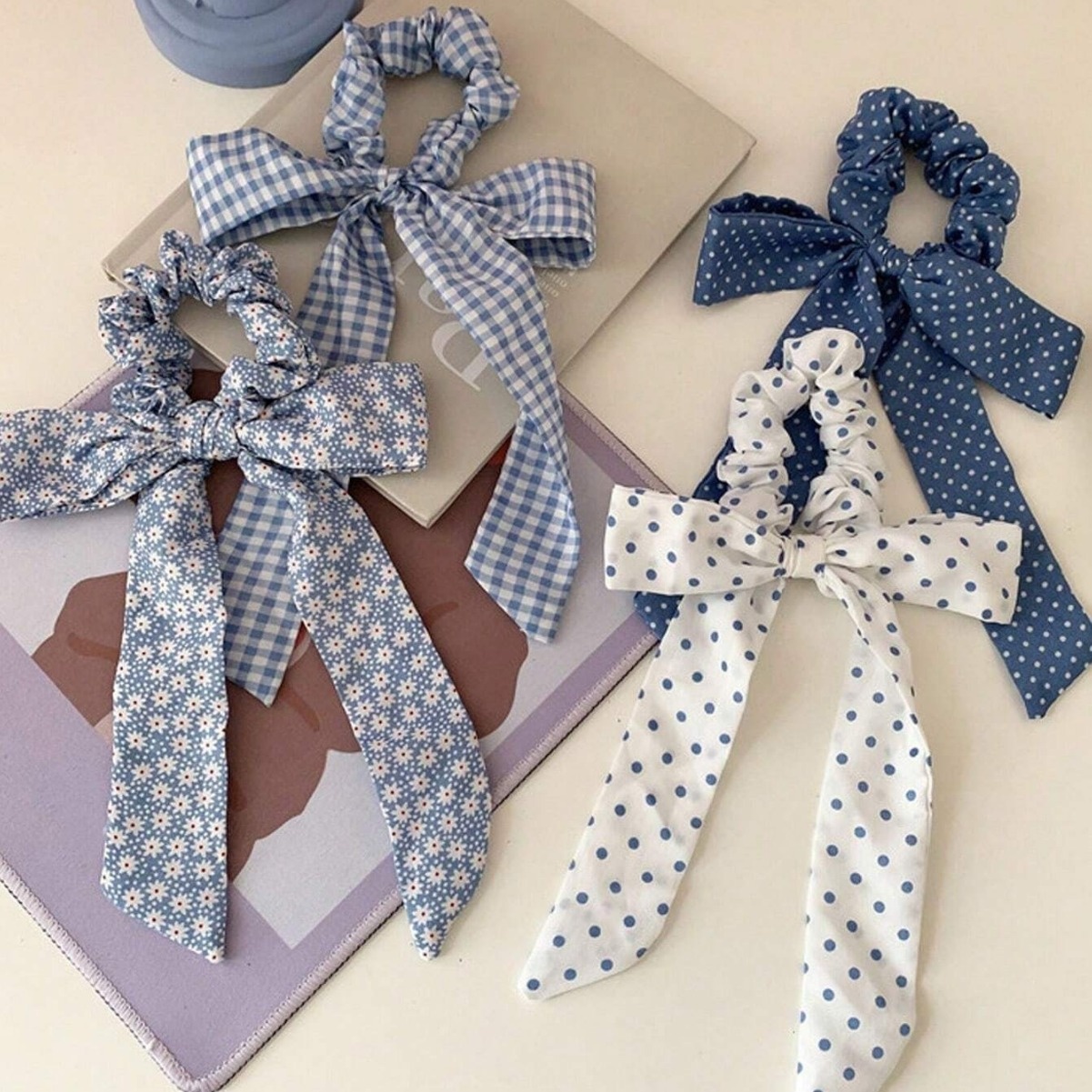 Women Girls French Polka Dot Bow Hair Scarf Fabric Ponytail Holder Tie