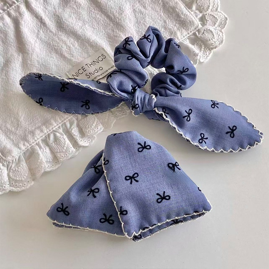 Women's Spring Flocking Bowknot Elastic Rubber Band Hair Tie Sweet Blue