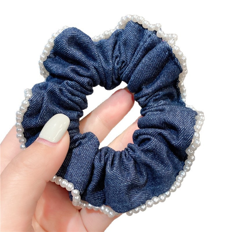 Women's Elegant Ponytail Hair Tie Blue Denim Hand Sewn Pearls