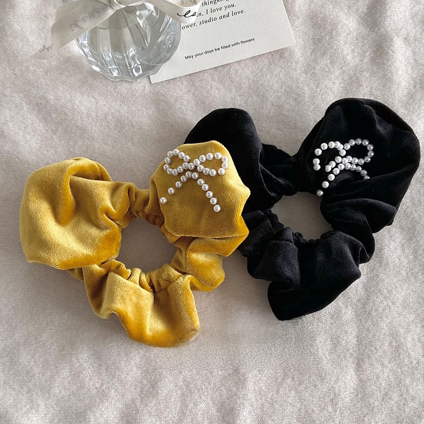 Women's Soft Velvet Pearl Bowknot Hair Tie Yellow Heart Shape