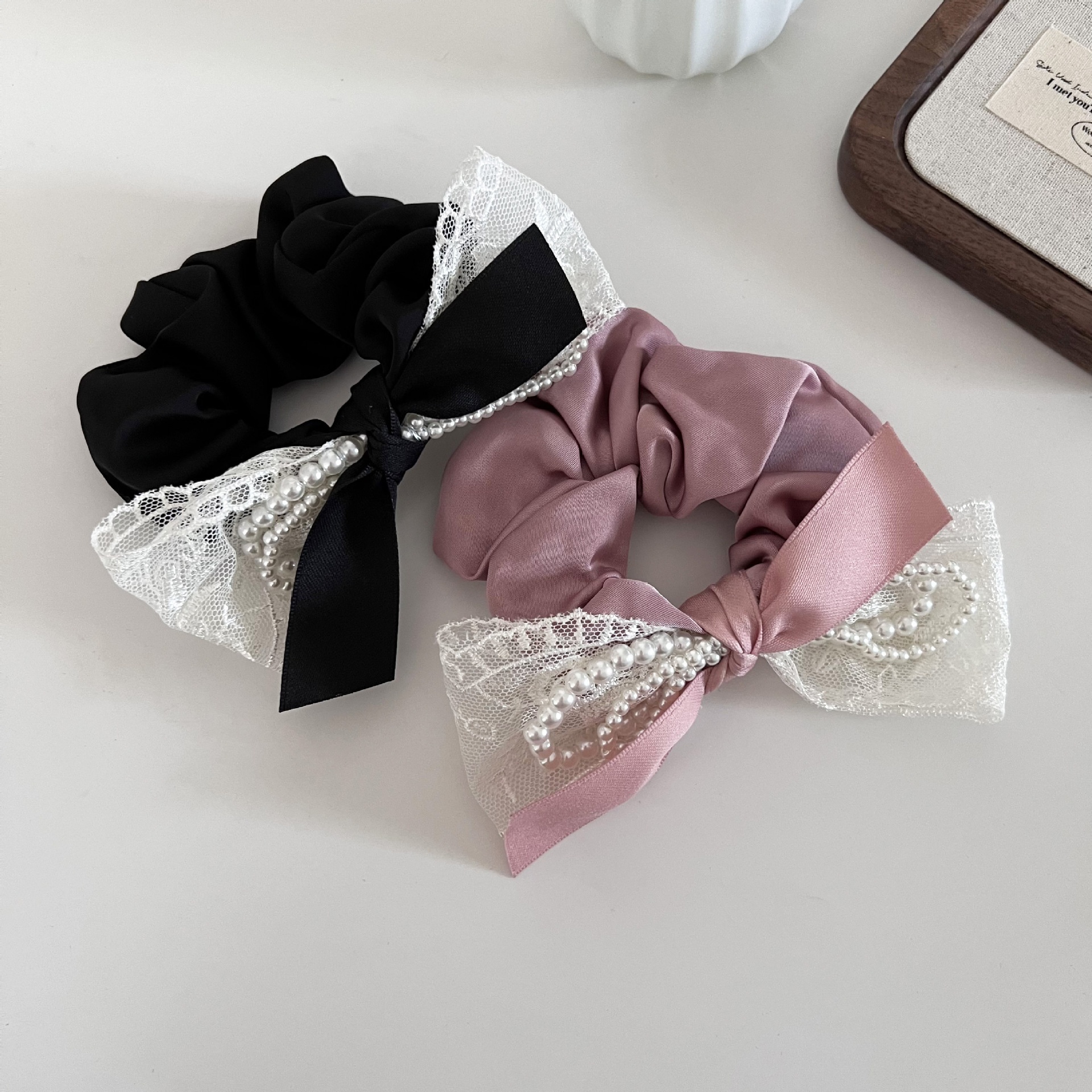 Women's Elegant Lace Pearl Ponytail Elastic Hair Tie Bowknot Pink Black