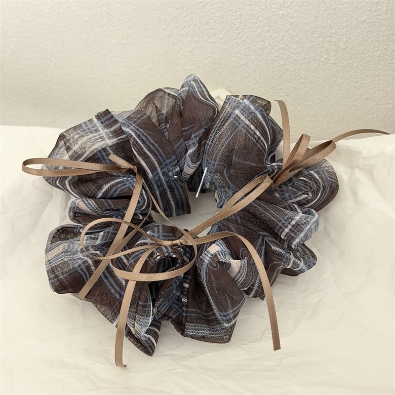 Women's Soft Gauze Bowknot Hair Tie For Daily Wear Coffee Plaid