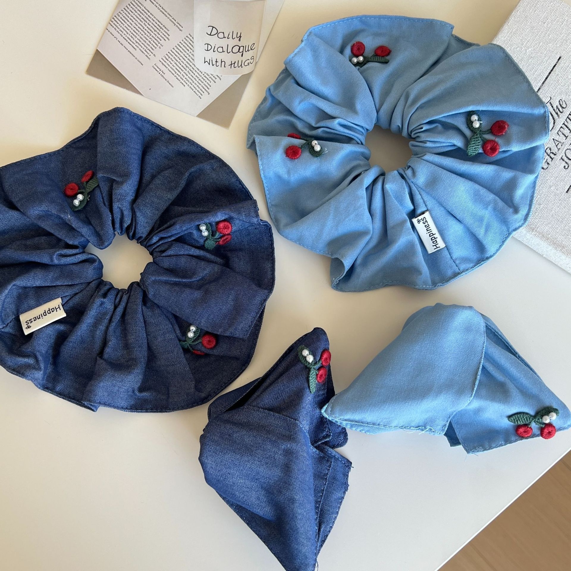 Women's Casual Denim Scrunchie Hair Accessory Cherry Embroidery