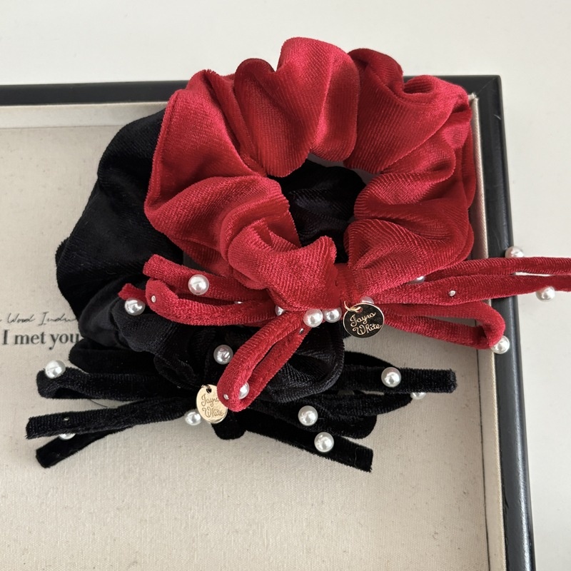 Women Pearl Velvet Autumn Winter Hair Scrunchie Red Black Bowknot
