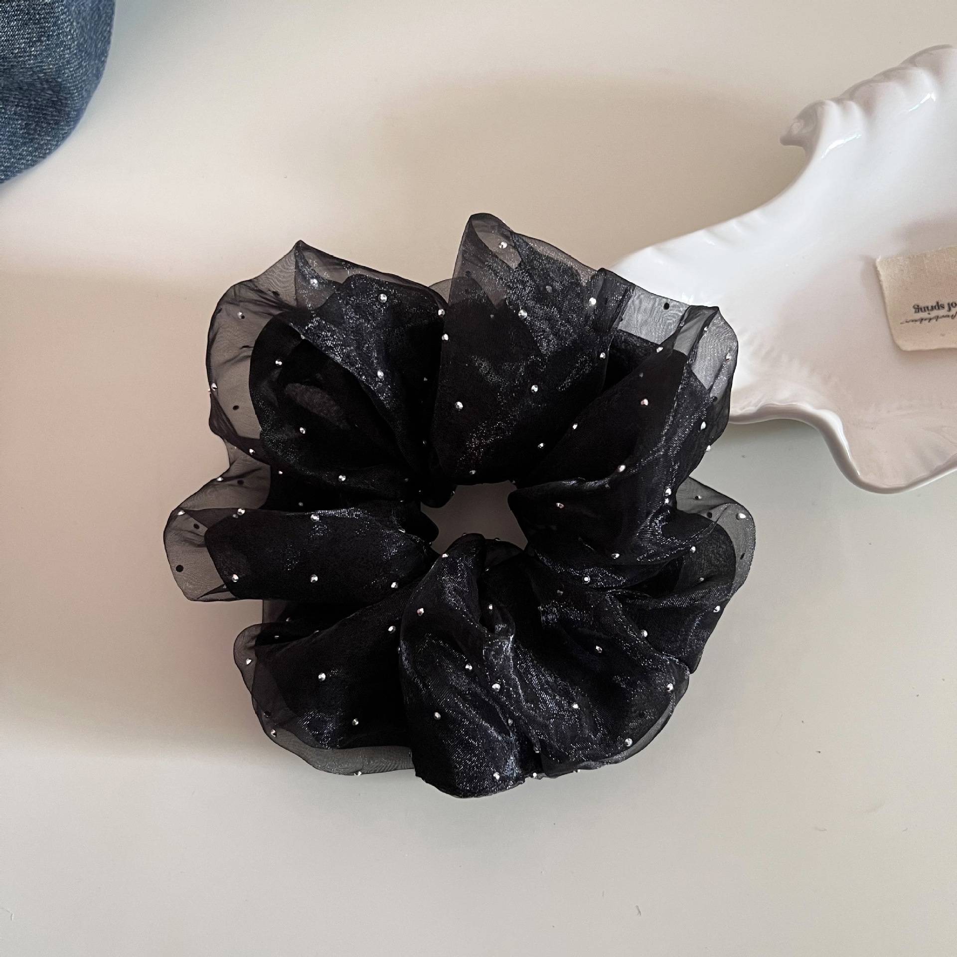 Women's Casual Rhinestone Mesh Double Layer Hairband Solid Beige Black