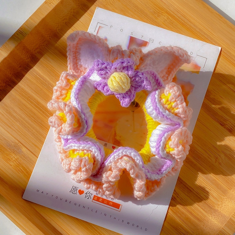 Women's Handmade Knitted Yarn Scrunchie Bellflower Bowknot Hair Tie