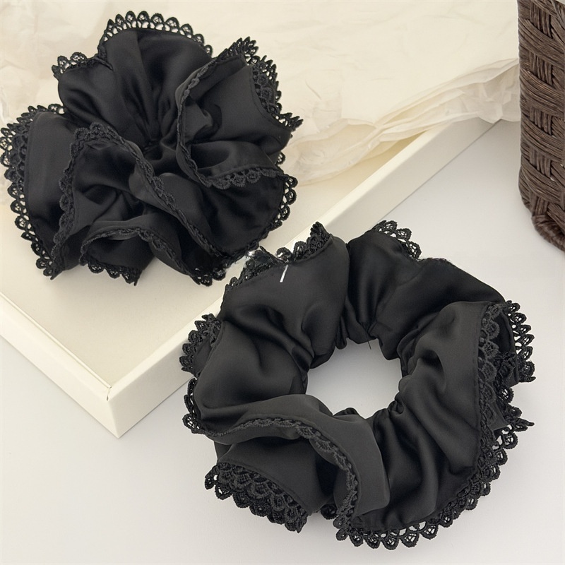 Women's All-Season Satin Double Layer Ruffled Hair Tie Solid Black