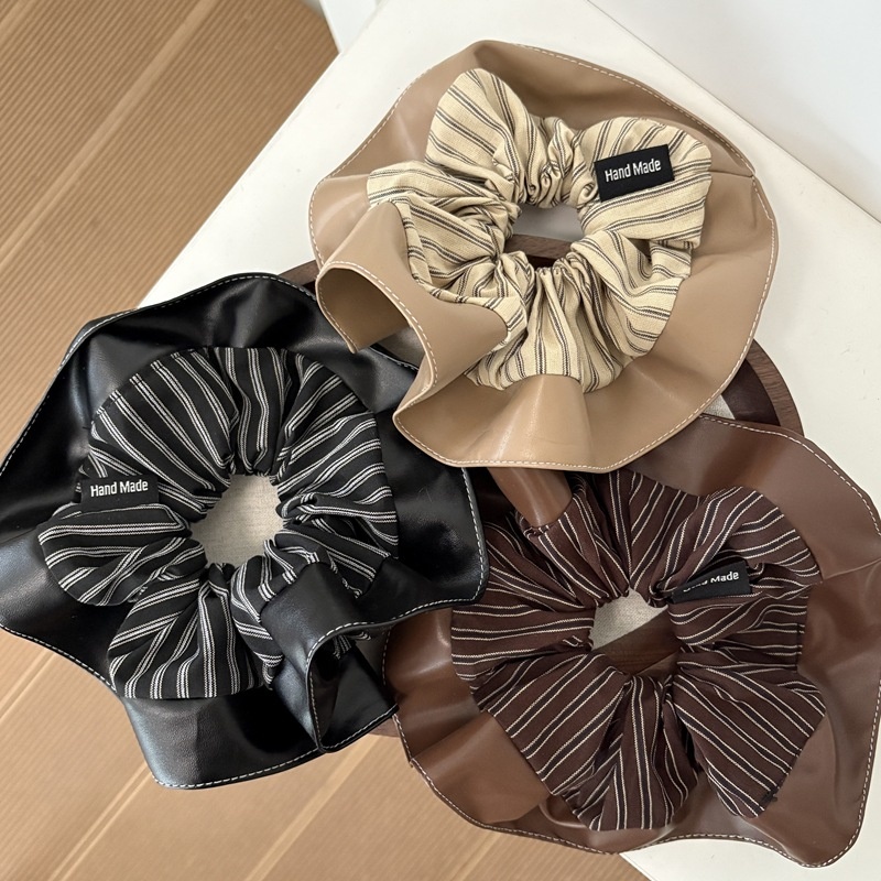 Women's Autumn Vintage Leather Ruffle Ponytail Hair Ties Striped Patchwork