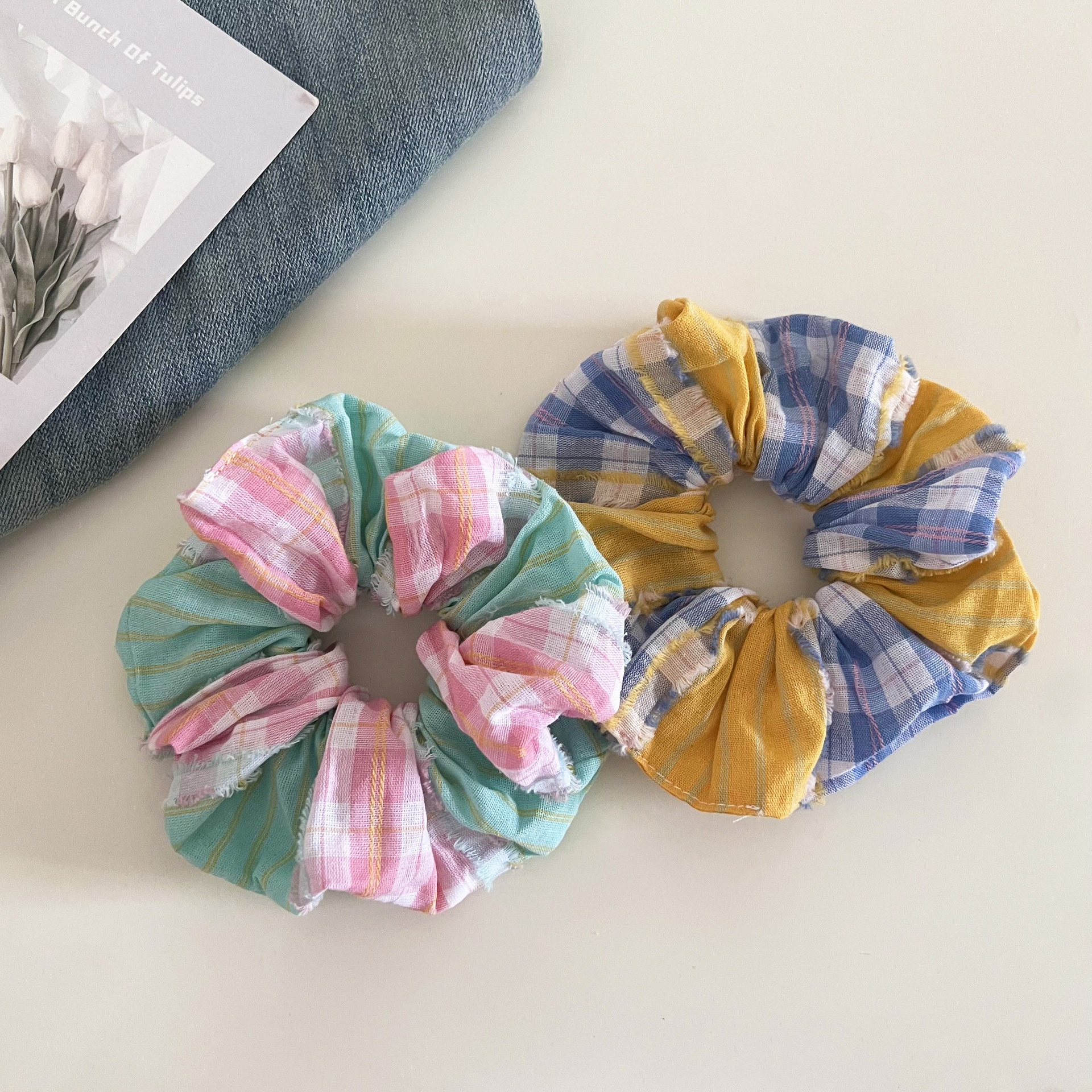 Women's Daily Stylish Cloth Hair Scrunchies Pink Plaid Checkered Pattern