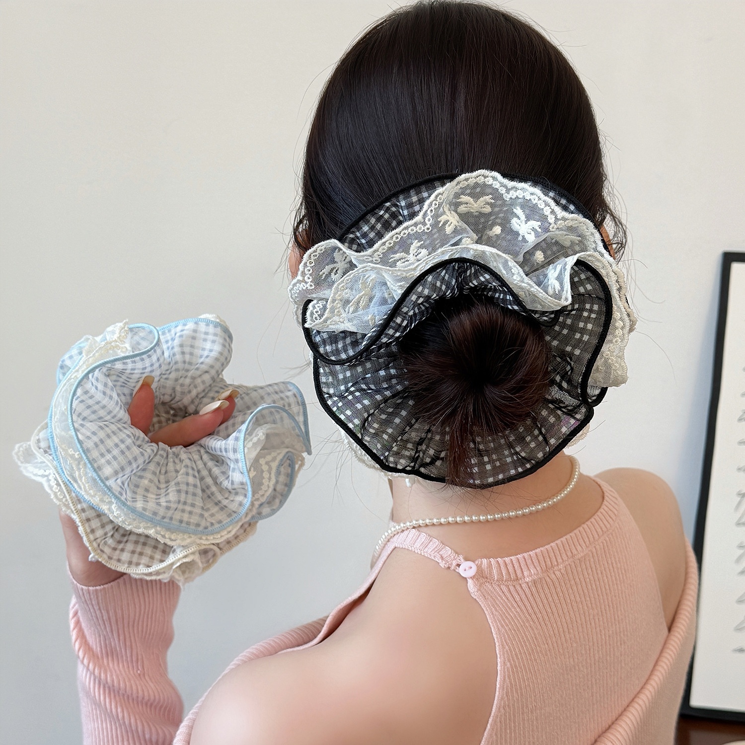 Women's Daily Preppy Style Gauze Hair Tie Classic Black Plaid