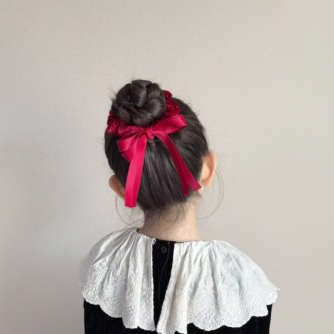 Girls Festive Velvet Bowknot Hair Tie And Clip New Year Accessory Red