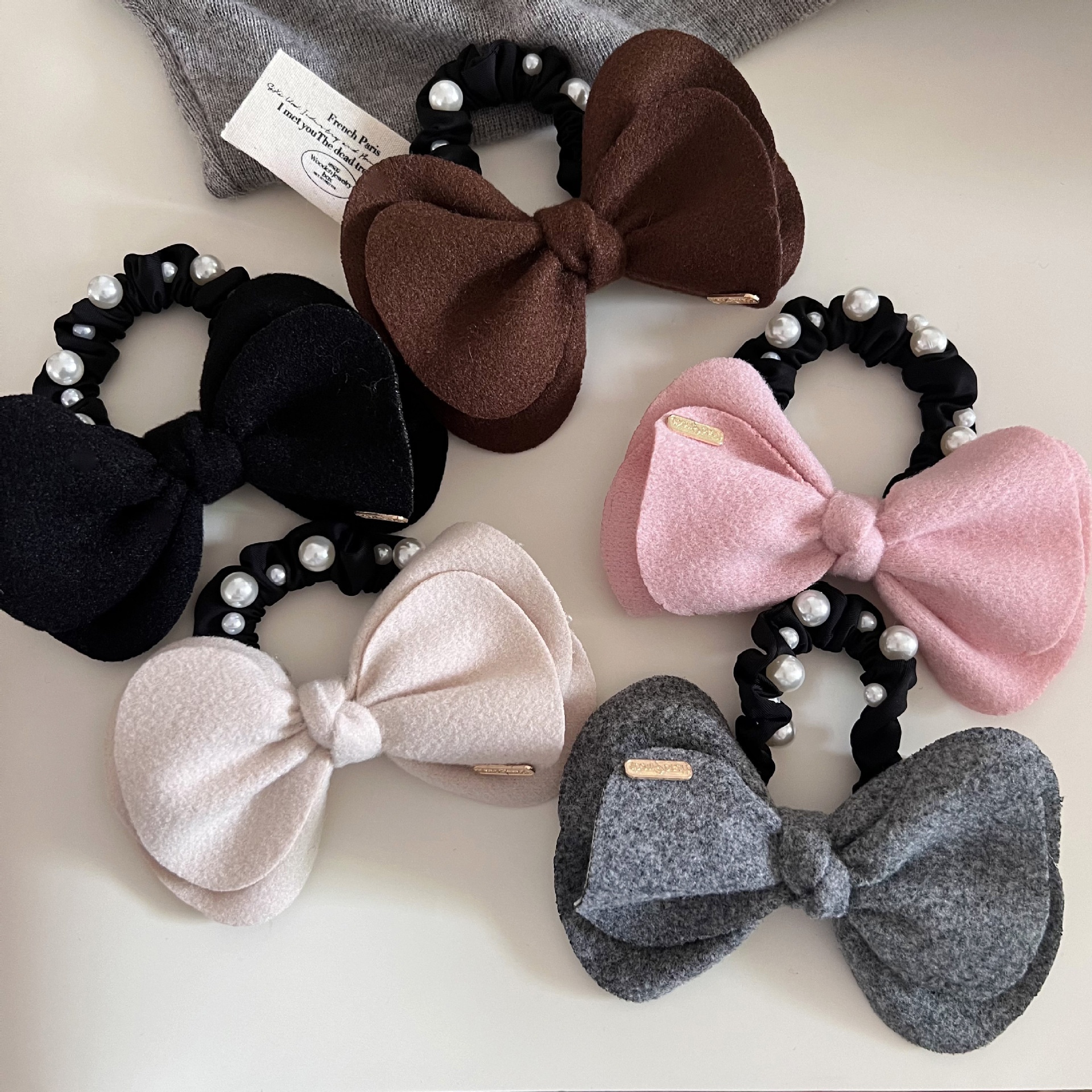Women's Cute Woolen Pearl Ponytail Hair Tie Autumn Winter Bow Knot