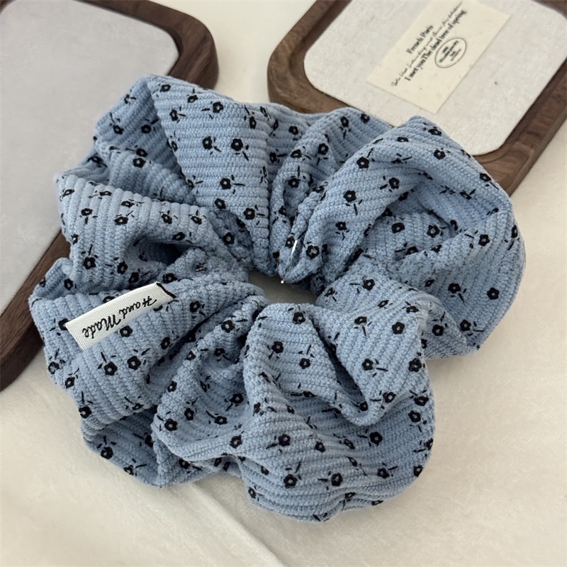 Women's Fall Winter Corduroy Hair Tie Scrunchie Khaki Ditsy Floral