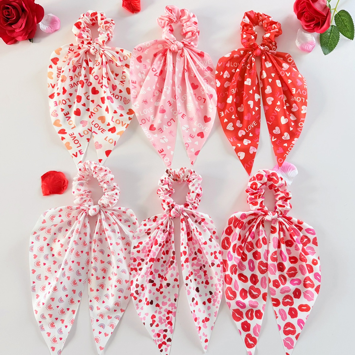 Women's Fabric Bow Hair Tie Ponytail Holder Valentine Heart Lip Print