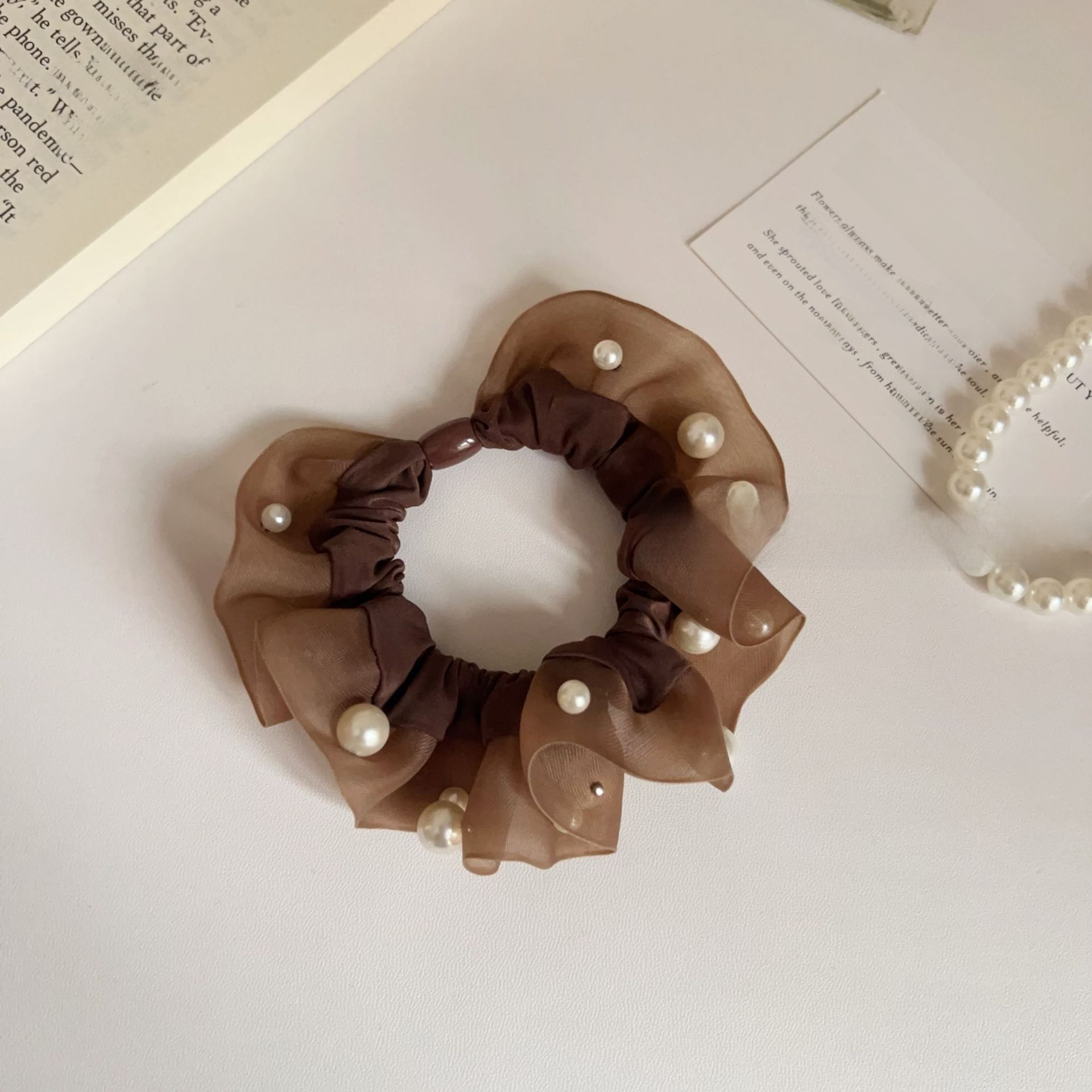 Women's Simple Organza Pearl Hair Tie - Elegant Coffee Autumn Accessory