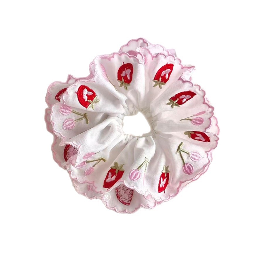 Women's Spring Cloth Telephone Cord Hair Tie Pink Embroidered Strawberry