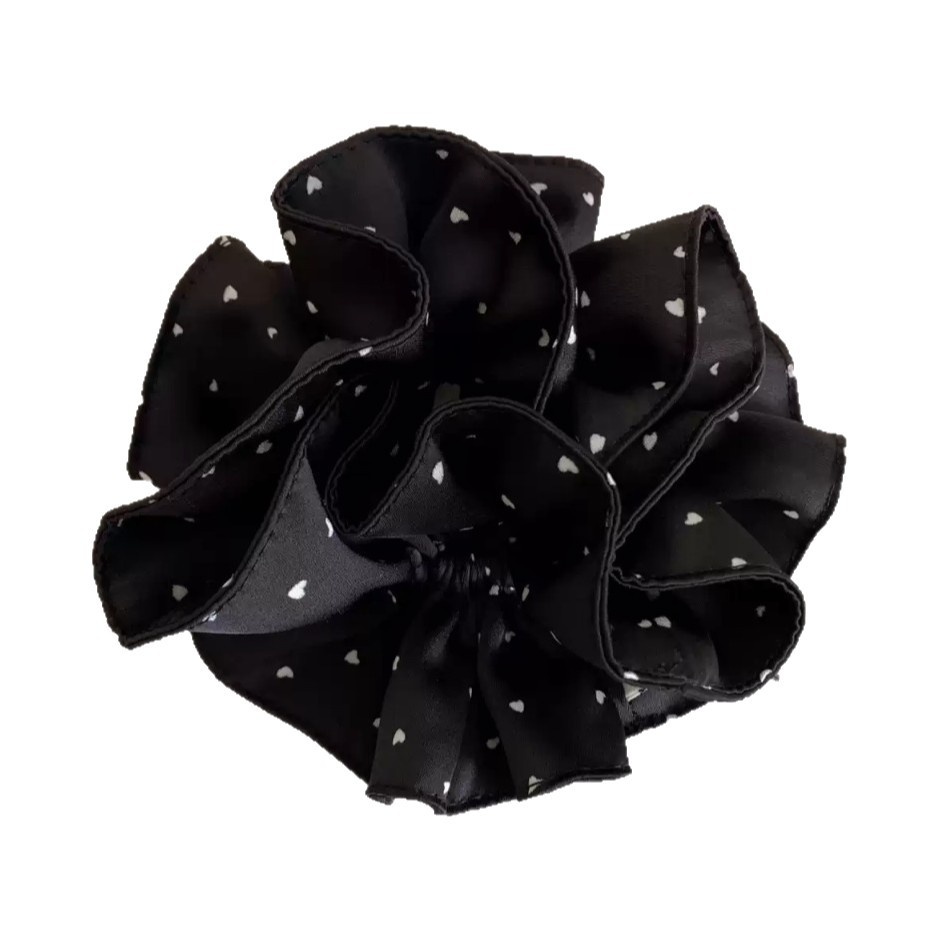 Women's French Style Soft Polyester Hair Tie White Black Heart Polka Dots