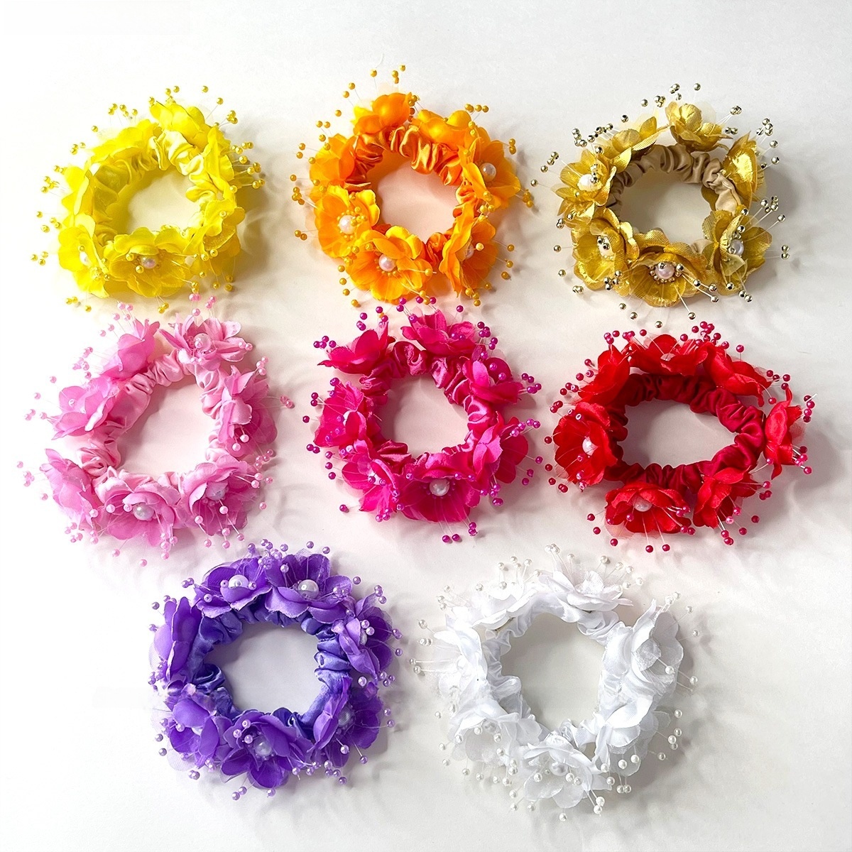 Women's Pearl Organza Vacation Bridal Hair Tie Colorful Floral
