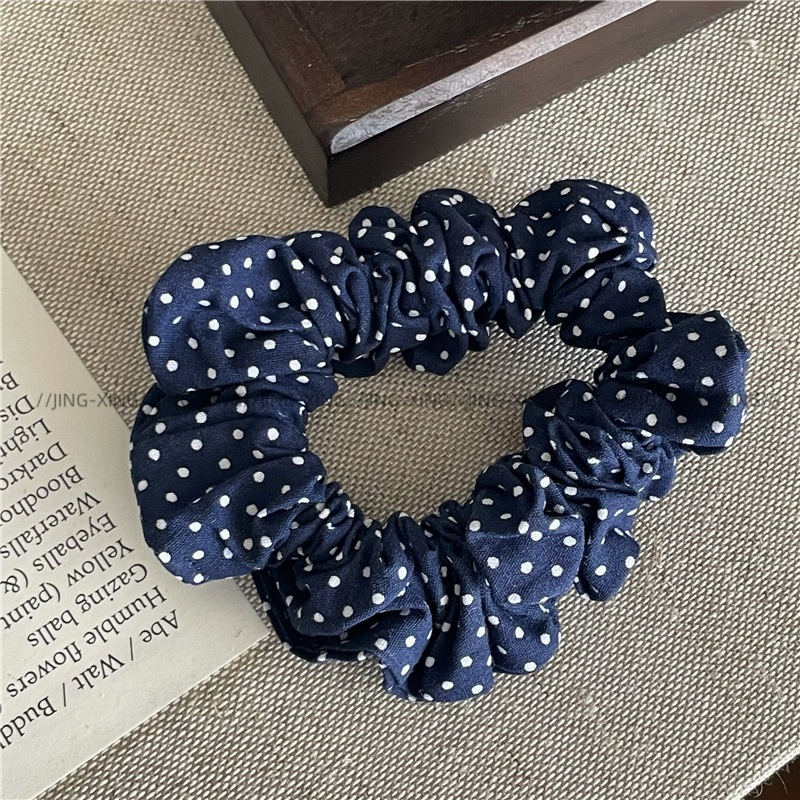 Women's Casual Fabric Tail Hair Ties Denim Blue Polka Dot Plaid