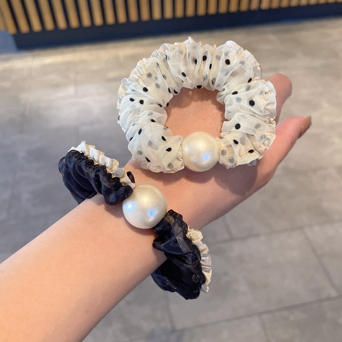 Women's Summer French Style Gauze Pearl Hair Tie Black Polka Dots