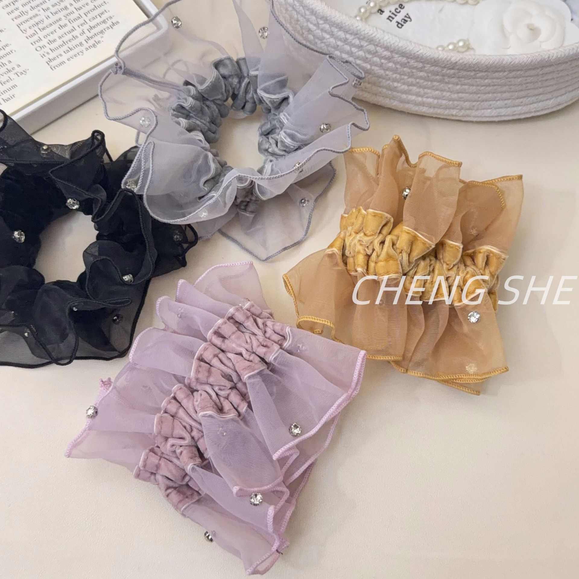 Women's Everyday Elegant Organza Rhinestone Hair Tie Solid Yellow