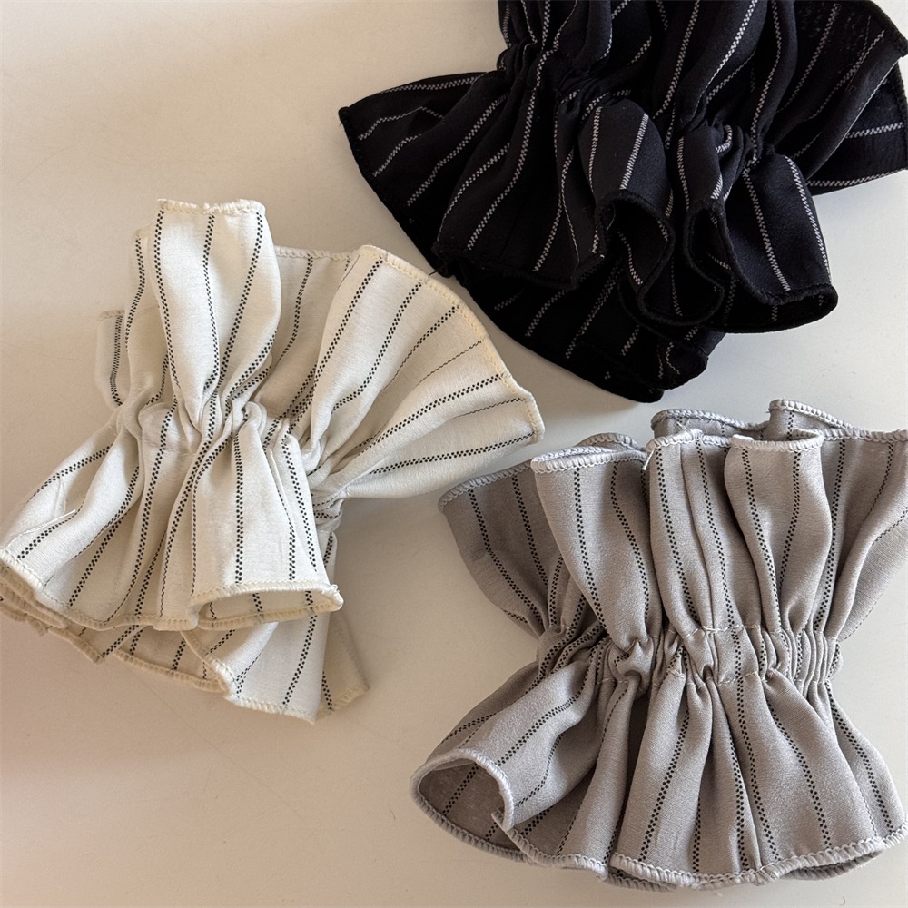 Women Elegant Low Bun Hair Scrunchie Elastic Striped Cloth Coffee Beige