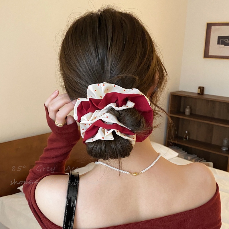Women's New Year Cloth Hair Tie Scrunchie Red And White Polka Dots