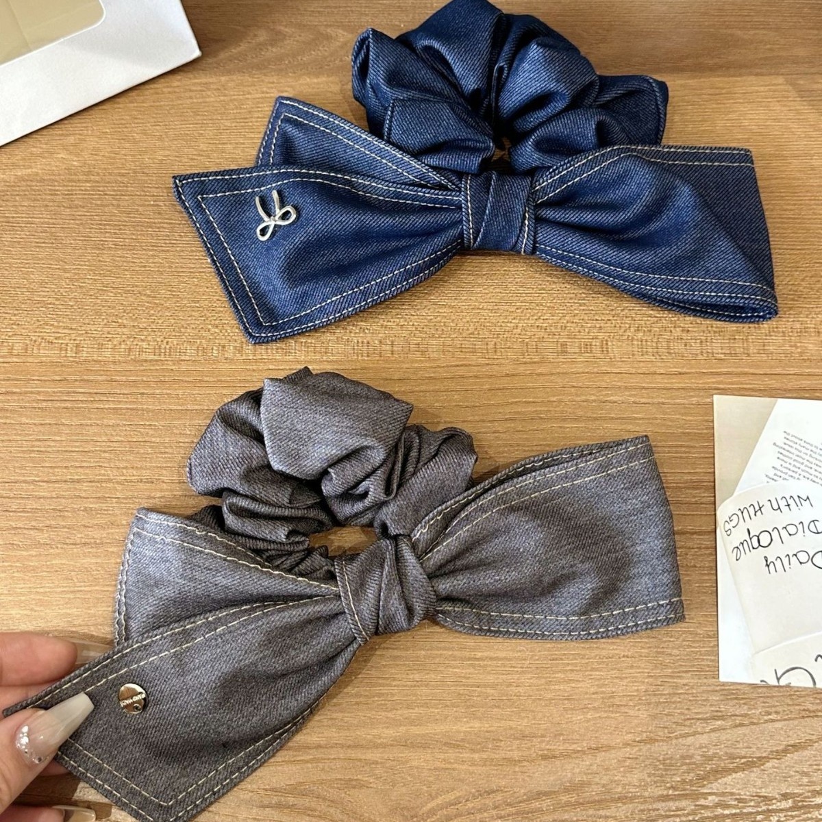 Women's Handmade Denim Butterfly Knot Scrunchie Retro Fashionable Grey Blue