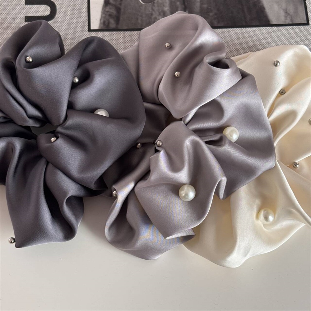 Women's Elegant Bun Hair Scrunchies Irregular Pearl Rivet Satin