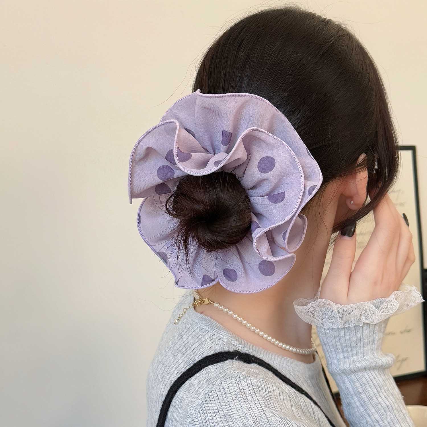 Women's Spring Everyday Cloth Hair Scrunchie Pink Purple Polka Dots