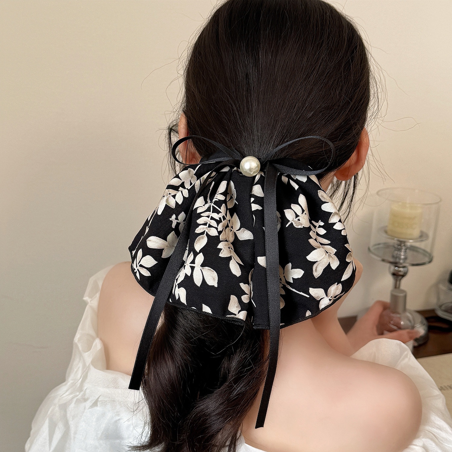 Women's Spring Summer Cloth Bow Knot Hair Tie Black Ink Painting