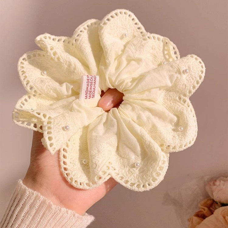 Women's Elegant Pleated Ponytail Bun Hair Tie Yellow Lace Pearl Flower