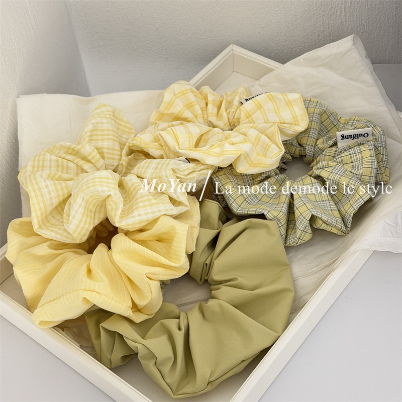 Women's Spring Korean Cloth Hair Tie Scrunchie Yellow & Green Plaid