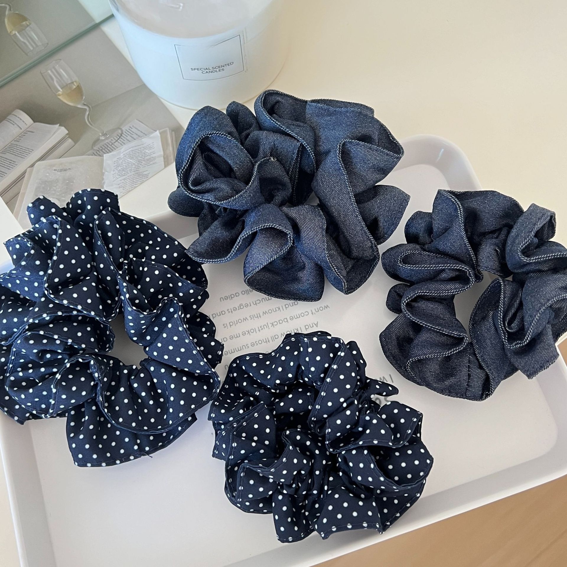 Women's Vintage Fabric Scrunchie Hair Tie for Daily Wear Navy Blue Polka Dot