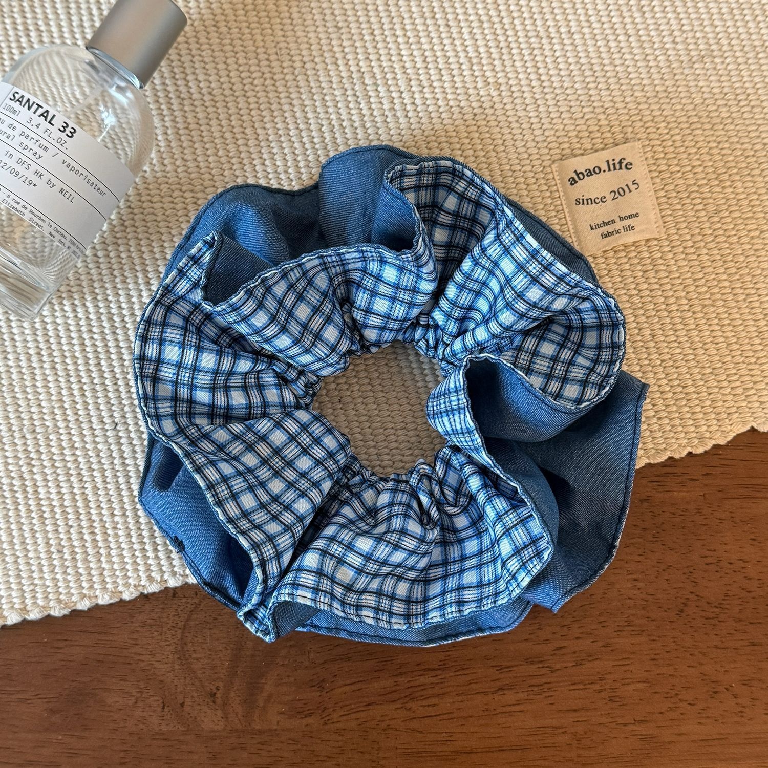 Women's Elegant Cloth Hair Scrunchie Double Layer Blue Plaid Lace