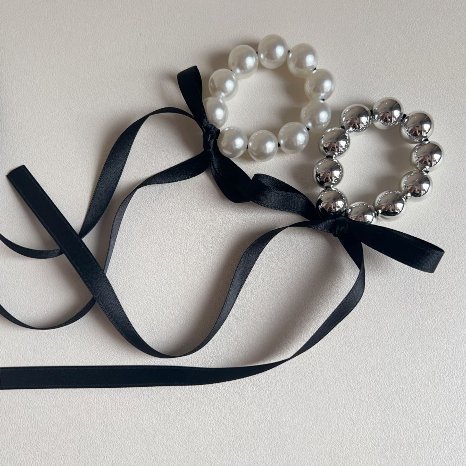 Women's Summer Beaded Bowknot Hair Tie Accessories White Silver