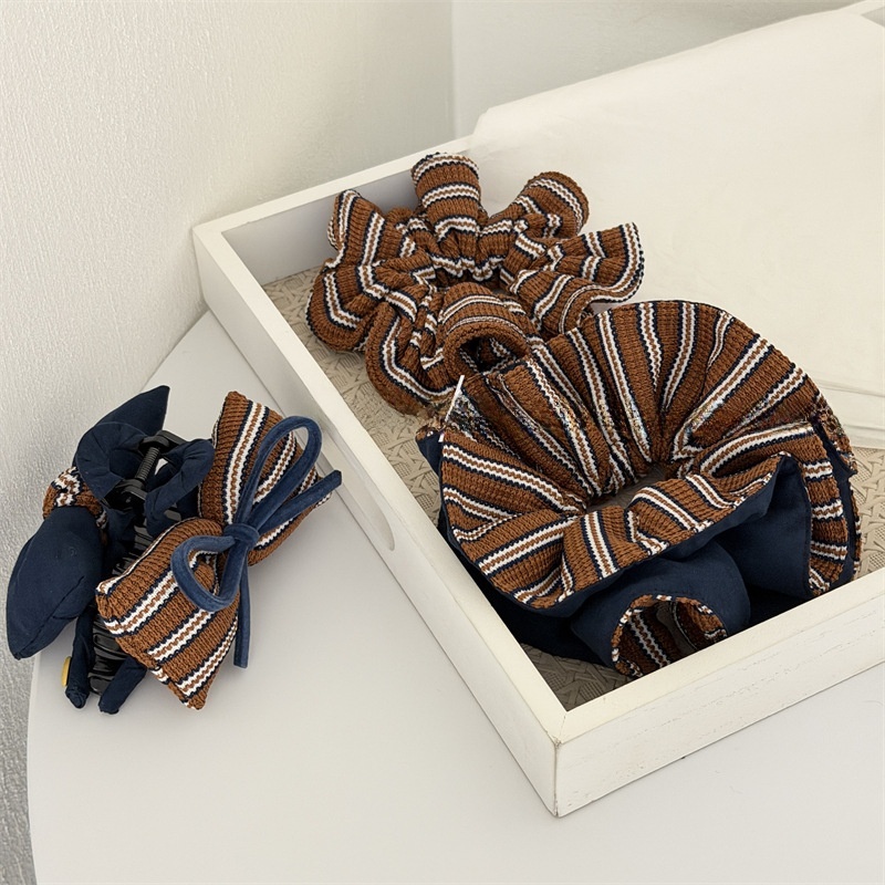 Women's Fall Winter Double Sided Knit Bun Hair Tie Striped Bow Knot