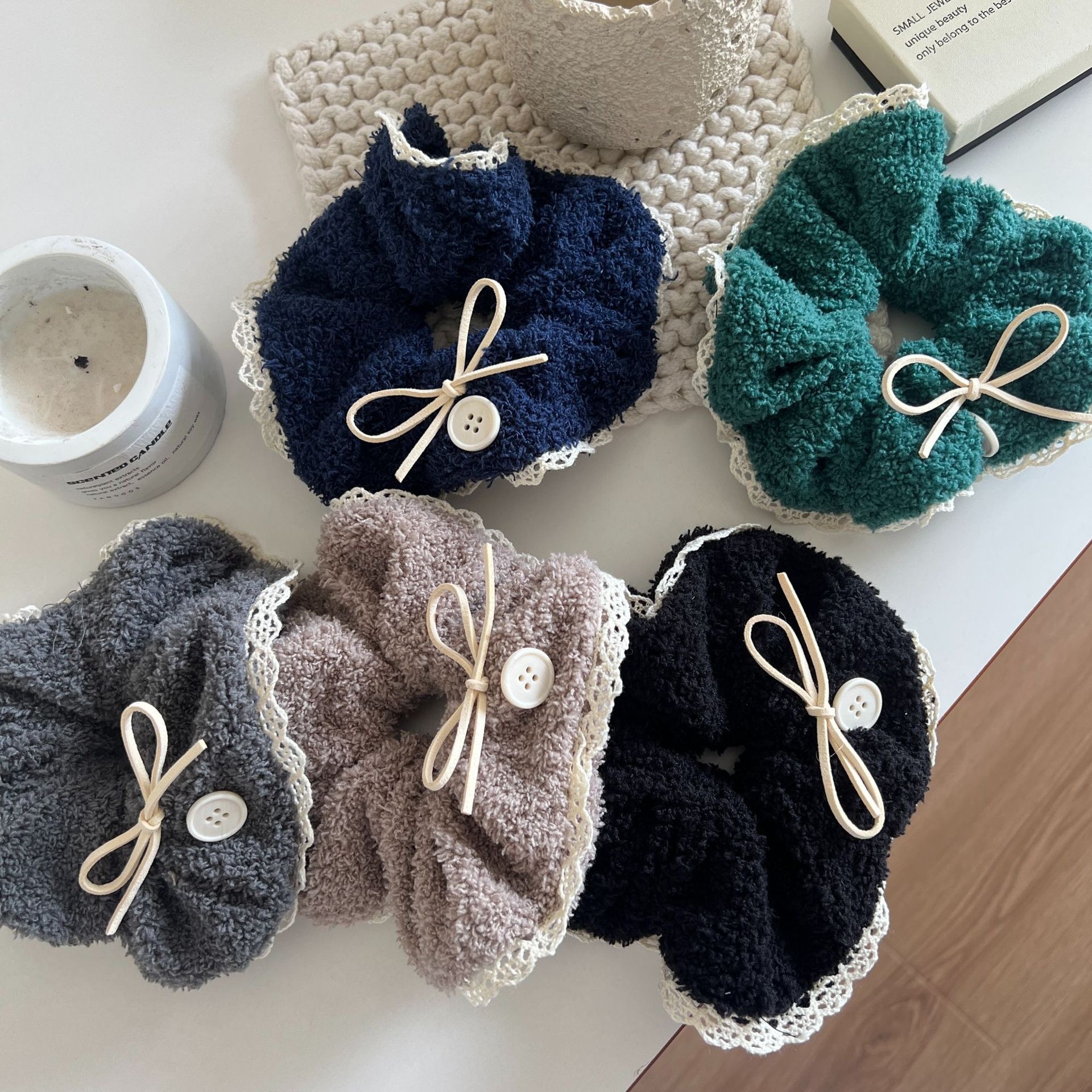 Women's Autumn Winter Fluffy Lace Trim Elastic Scrunchie Sweet Bowknot