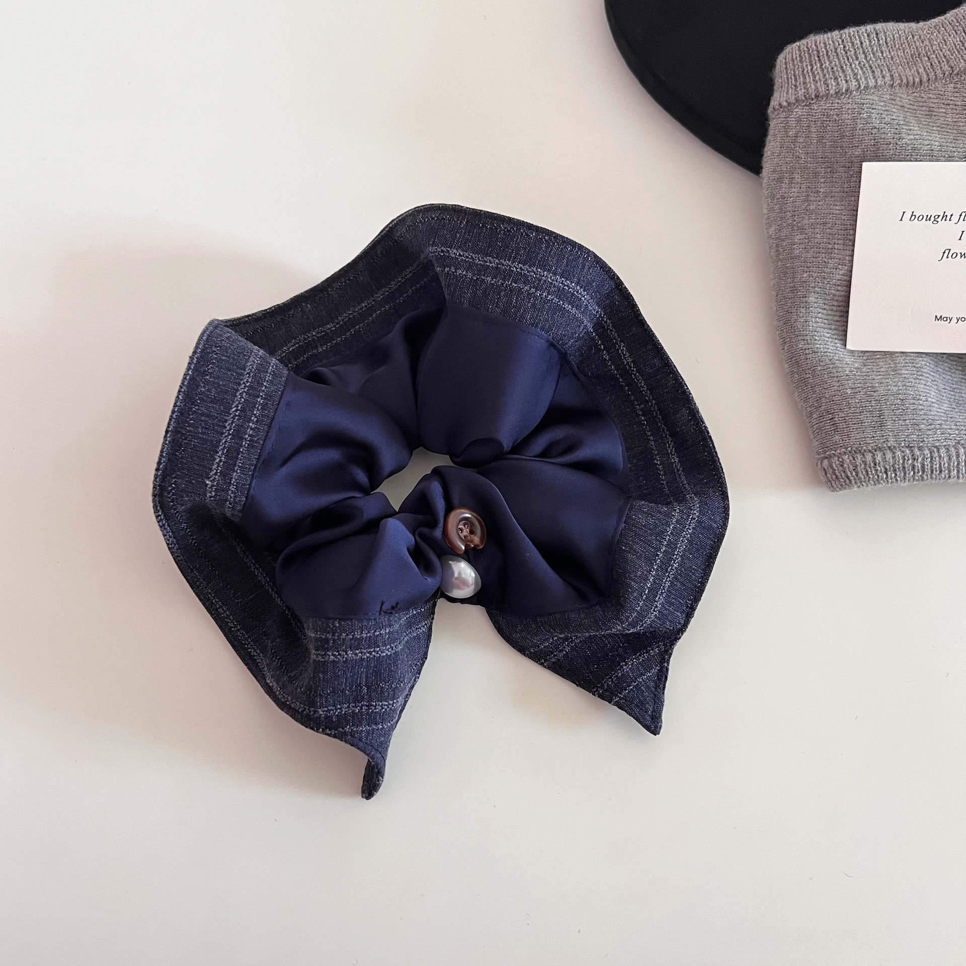 Women's Cloth Bowknot Half Bun Scrunchie Hair Claw Navy Blue Striped