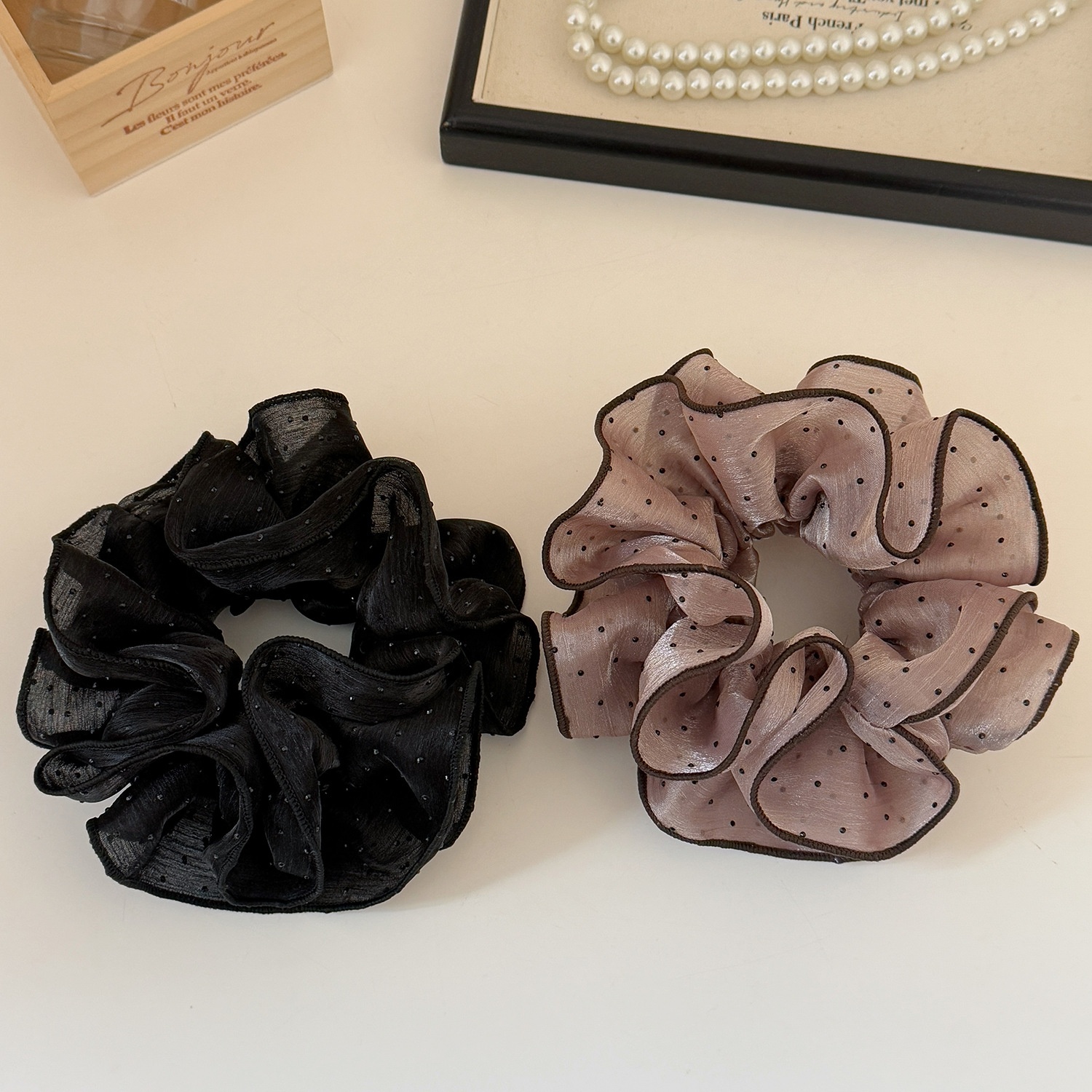 Women's Sweet Gauze Hair Tie For Daily Wear Black And Pink Polka Dots